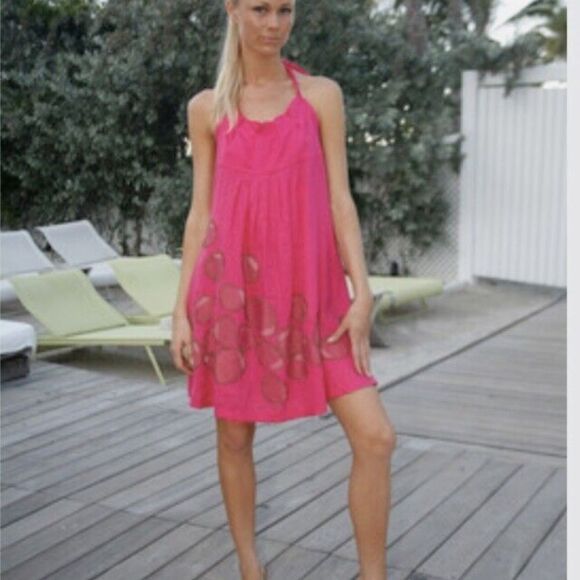 Diane Von Furstenburg beaded hot pink linen halter dress / swim coverup size L - Picture 11 of 11